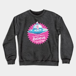 Pink Alien Wants to Believe blue UFO version Crewneck Sweatshirt